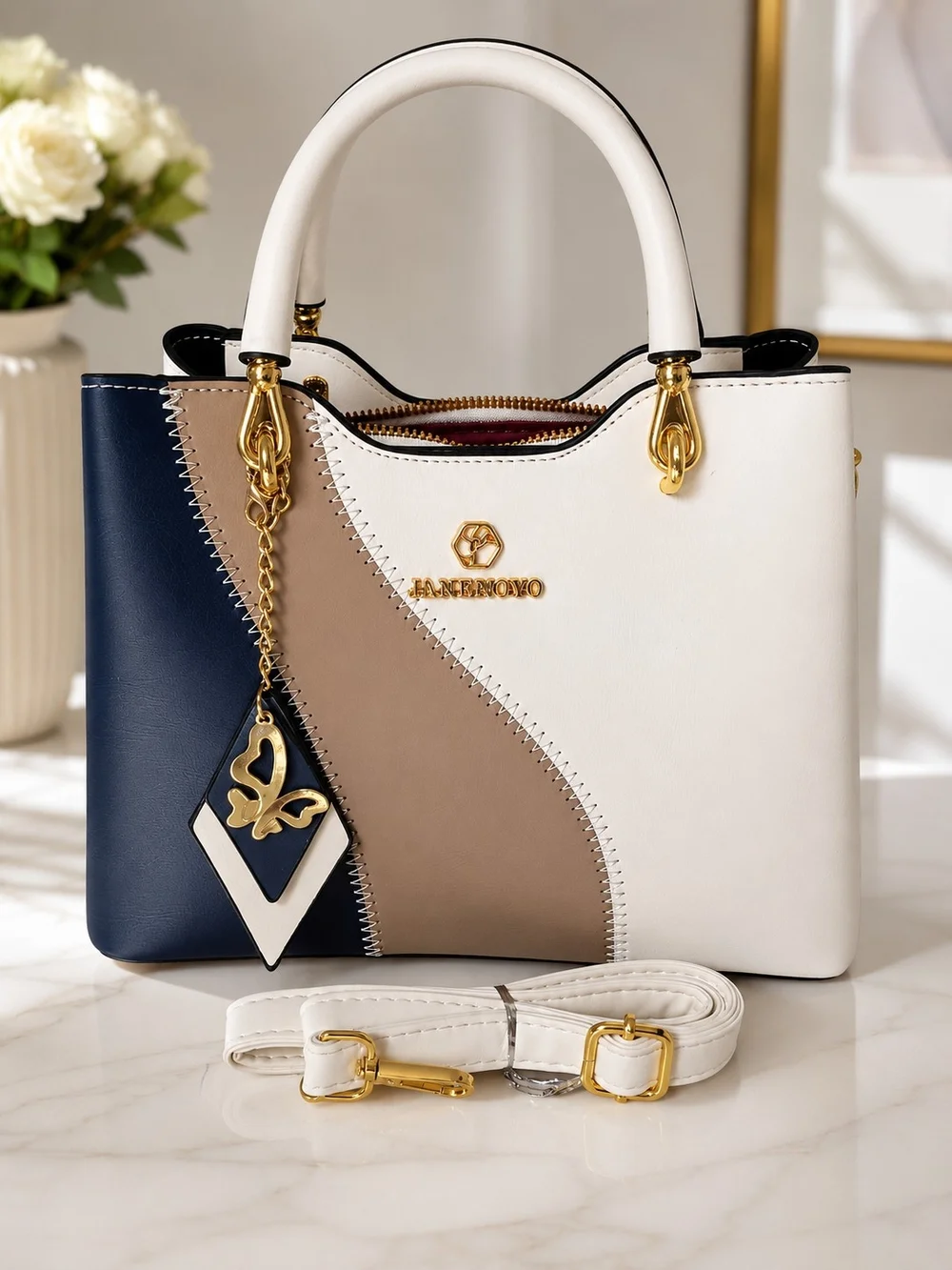 White, Navy & Taupe Colorblock Leather Tote